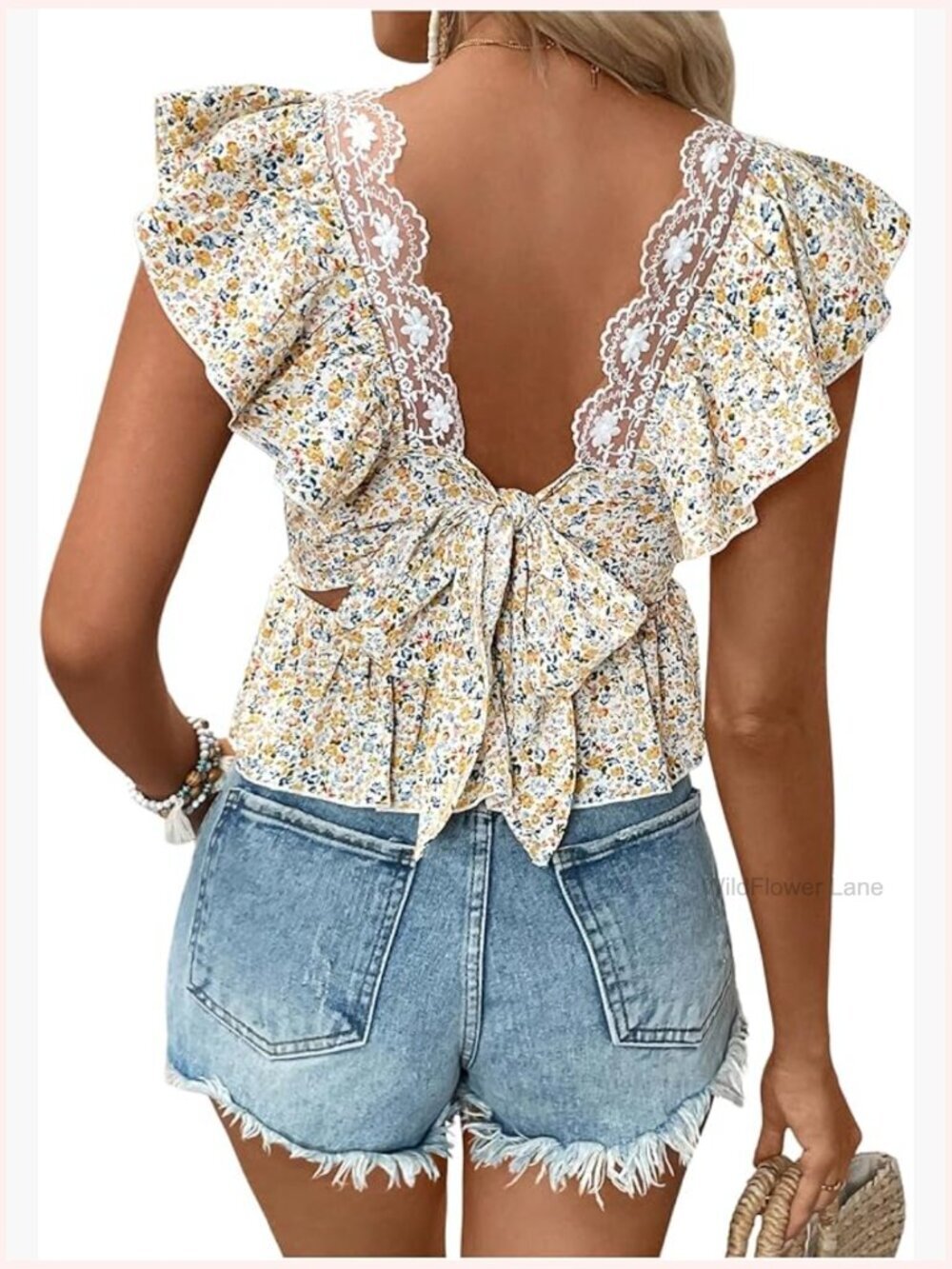 Floral Peplum Top with Ruffle Sleeves, Tie Back, Short Sleeve Blouse